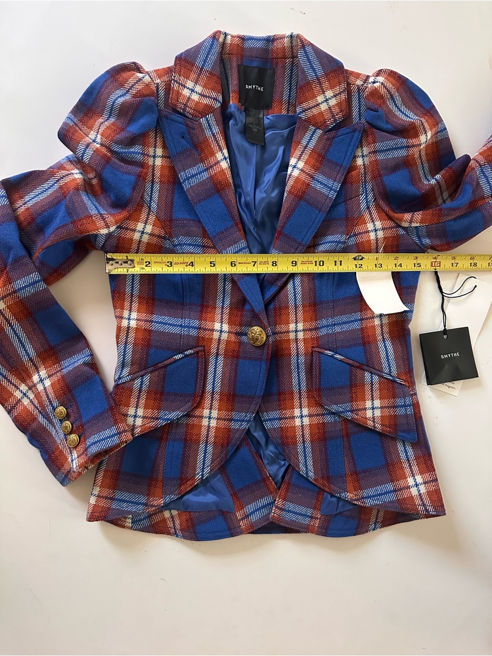 SMYTHE
Pouf Sleeve One Button Blazer in Carmine Plaid With Whiskey - Picture 6 of 8